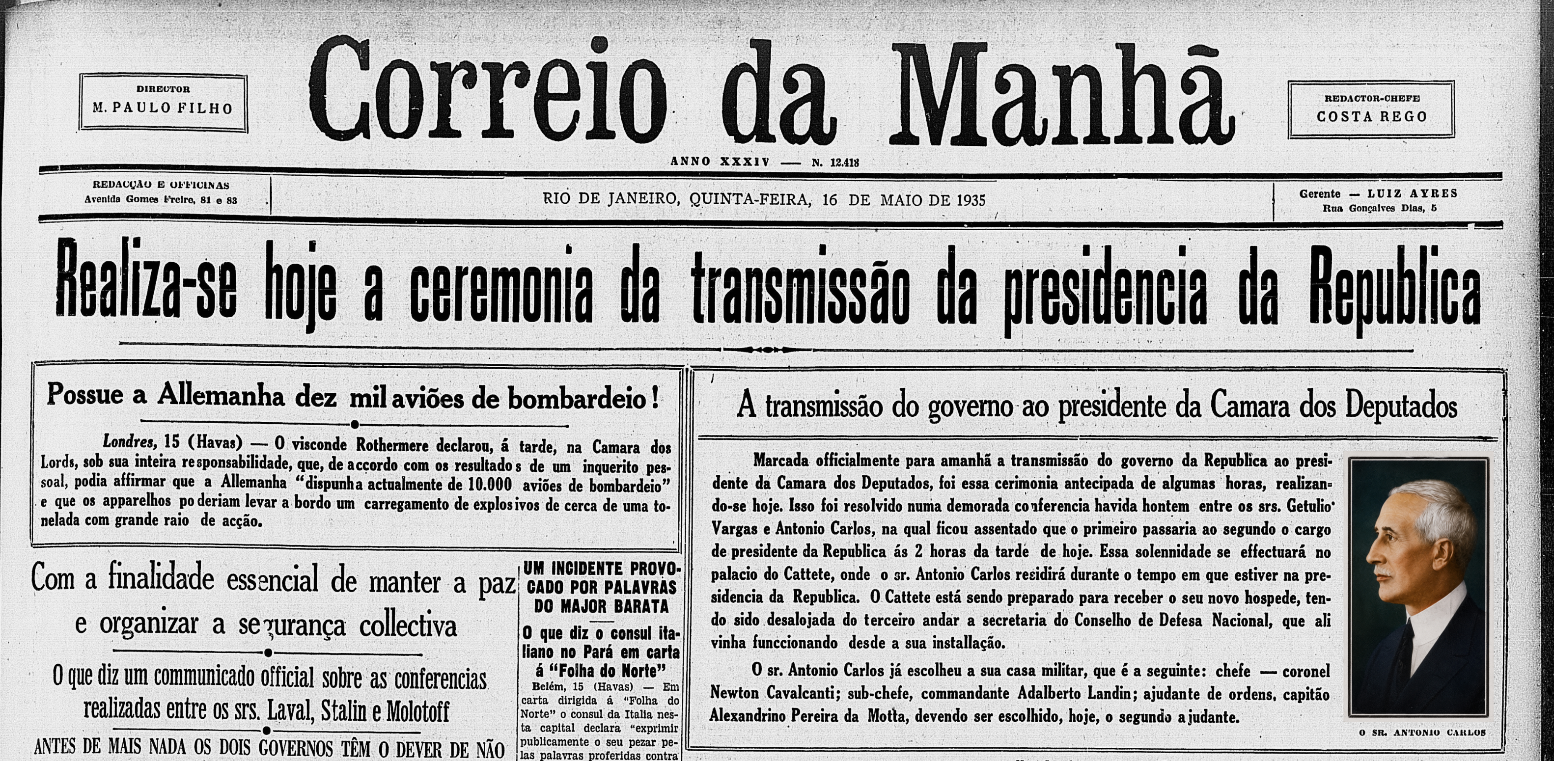Notícia do Correio da Manhã sobre Antônio Carlos como presidente interino do Brasil