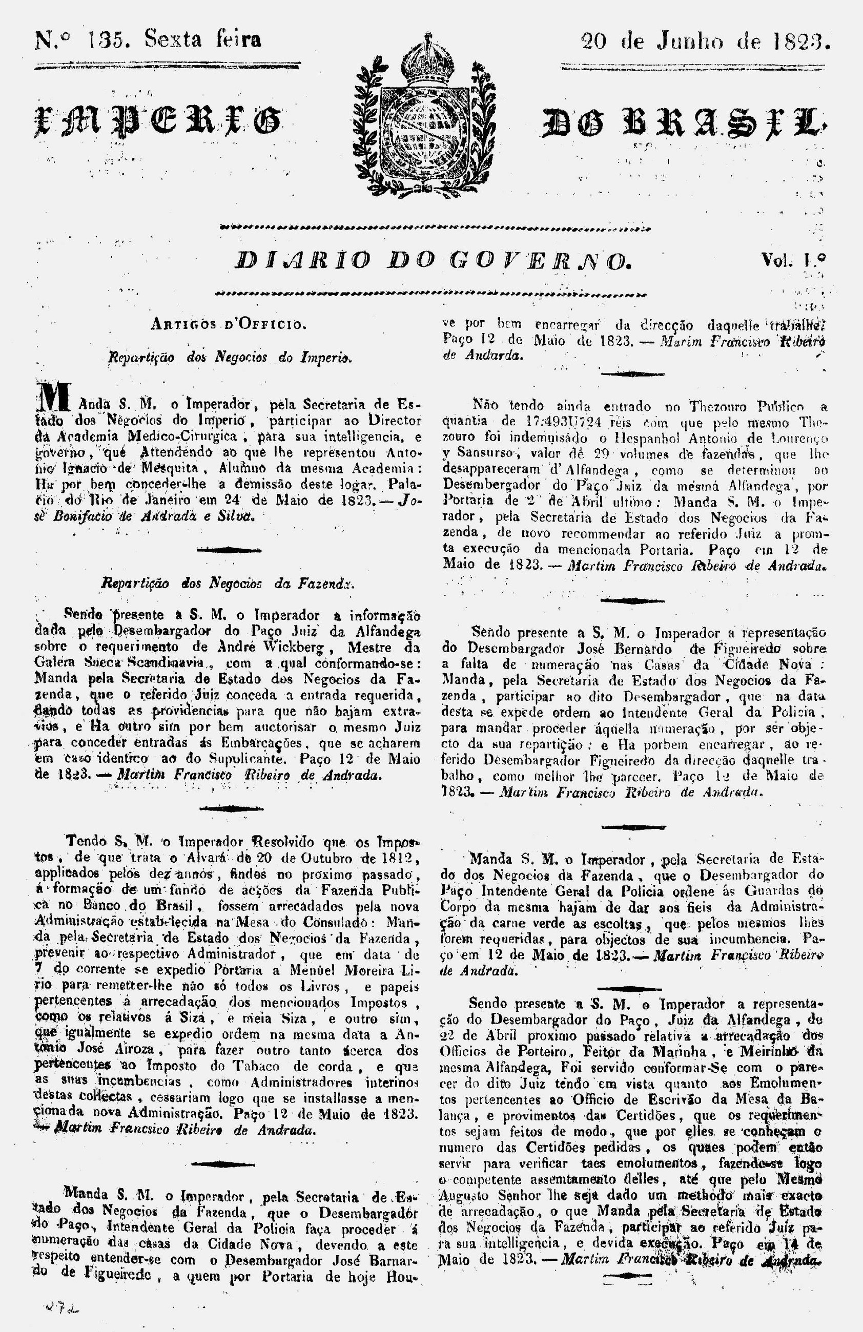 Página do Diário do Governo do Império do Brasil de 20 de junho de 1823