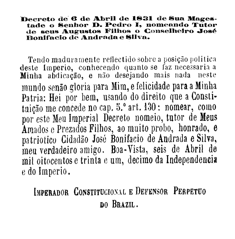 Decreto que nomeia José Bonifácio tutor dos príncipes do Brasil