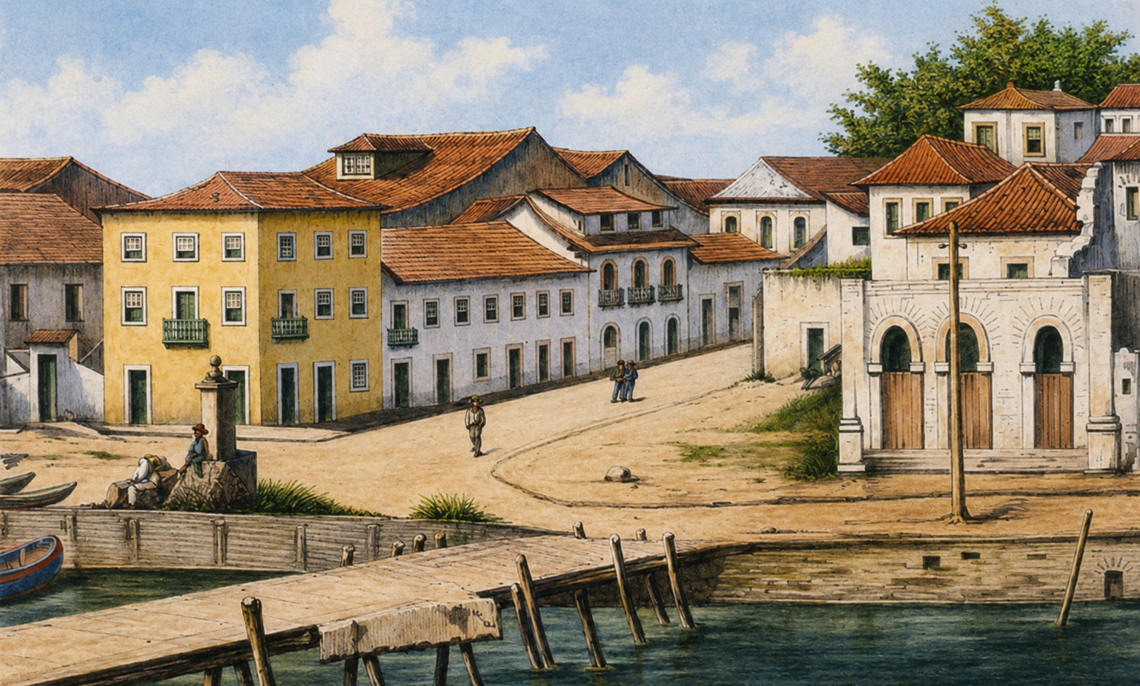 Gravura do porto de Santos, terra natal dos três irmãos Andrada